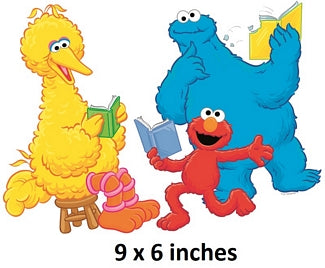 Three colorful cartoon characters reading books with text '9 x 6 inches' below.