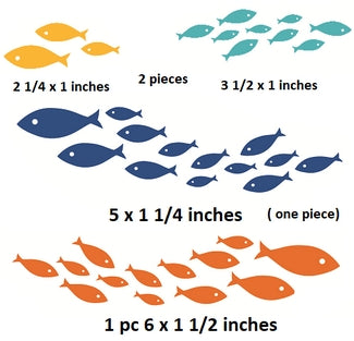 Illustration of different sizes and colors of fish shapes with dimensions.