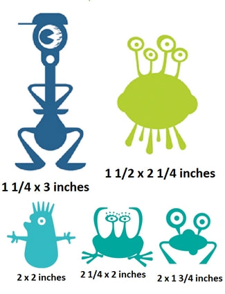 Set of five cartoon character decals with dimensions displayed below each.