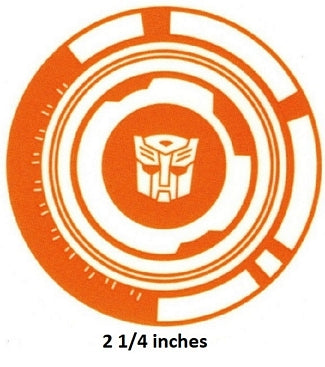 Circular logo with a symbol in the center on an orange background, labeled '2 1/4 inches'.