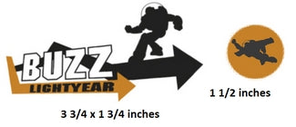 Buzz Lightyear logo with character silhouette and measurements