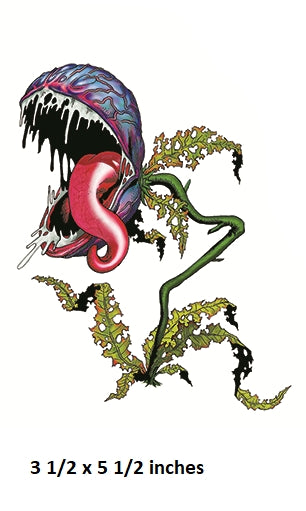 Colorful creature with a long tongue and tentacles on a white background, size 3 1/2 x 5 1/2 inches.