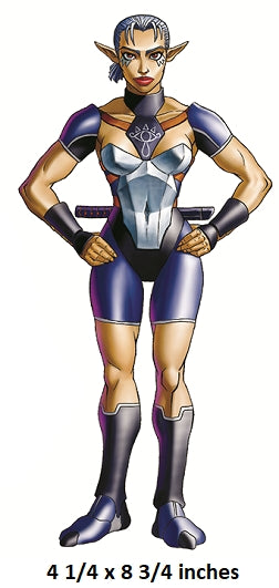 Animated character in a futuristic outfit with text indicating size.