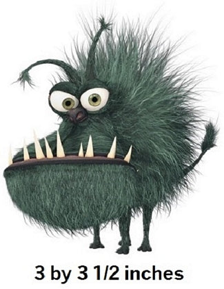 Green furry creature with large eyes and sharp teeth on a white background
