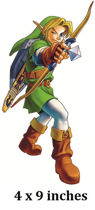 Animated character in green outfit with bow and arrow, 4 x 9 inches