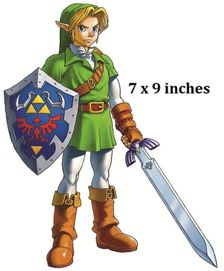 Character in green outfit with shield and sword, 7 x 9 inches