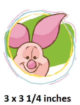 Cartoon character with pink ears and a green background, size 3 x 3 1/4 inches.