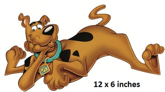 Cartoon dog character with text indicating size '12 x 6 inches'.