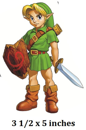 Character in green outfit with sword and shield, 3 1/2 x 5 inches