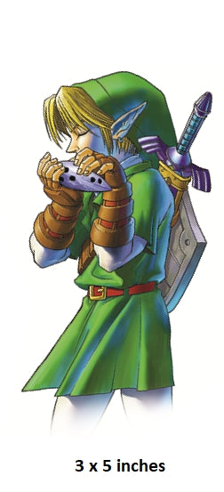 Character in green robe holding a sword and shield, with text '3 x 5 inches' at the bottom.