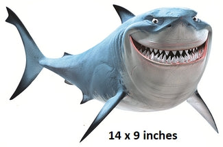 Cartoon shark with a size label '14 x 9 inches' on a white background