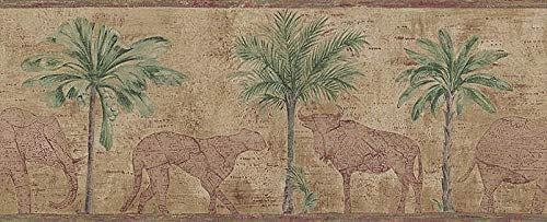 Village Wall Border 5804451 Palm Trees African Animals Wallpaper Elephant Leopard Wildebeest Map Silhouette Burgundy Green on Warm Earth Tones Home Decor