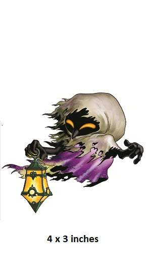 Cartoon ghost holding a lantern on a white background