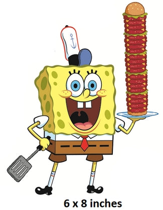 Cartoon character holding a stack of hot dogs on a plate with a spatula.  SpongeBob SquarePants Wall Decal Krusty Krab Krabby Patties Removable Sticker Art Nickelodeon Peel and Stick Home Room Decor 6 x 8 inches