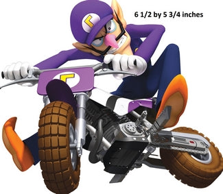 Cartoon character on a motorcycle with dimensions displayed
