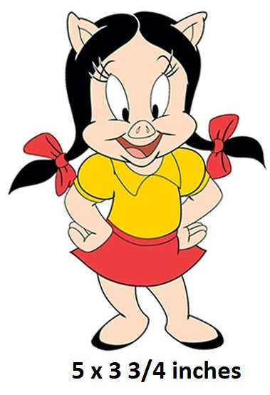 Cartoon character with black hair, red bows, yellow shirt, and red skirt on a white background. Petunia Pig