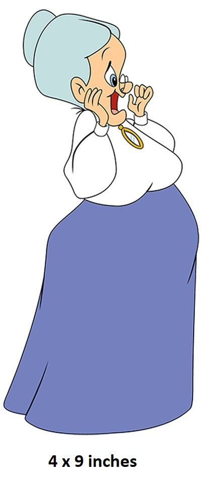Cartoon character with blue hair and purple dress, holding a gold ring, with text '4 x 9 inches'.  Granny 