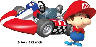 Cartoon character in a racing kart with dimensions indicated