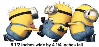 Three animated minions with text indicating their dimensions.