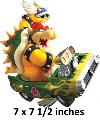 Toy figure of a character with a green vehicle attachment, 7 x 7 1/2 inches.