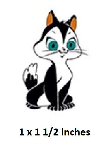 Cartoon cat character with text indicating size Pussyfoot Cleo