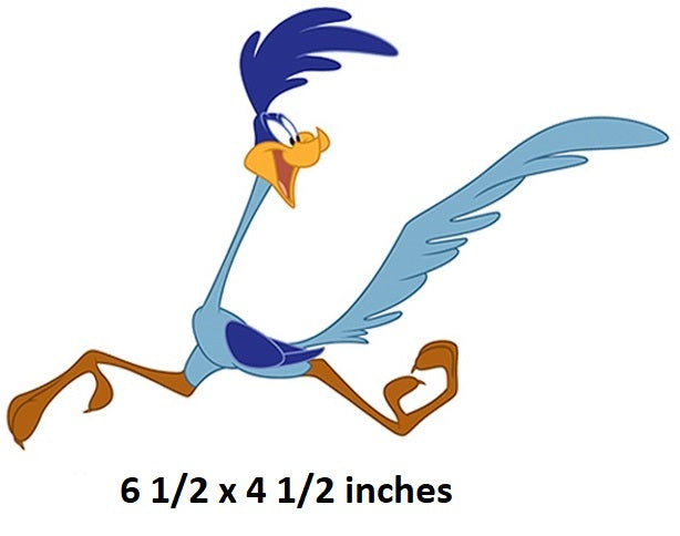 Cartoon character with blue feathers and orange beak on a white background, size 6.5 x 4.5 inches.  Roadrunner 