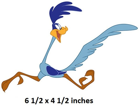 Cartoon character with blue feathers and orange beak on a white background, size 6.5 x 4.5 inches.  Roadrunner 