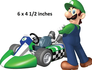 Cartoon character in a green racing suit with a blue and green kart, standing next to it.