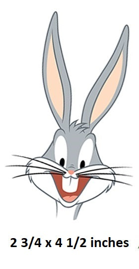 Cartoon character head with text indicating size Buggs Bunny