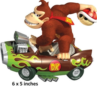 Toy figure of a donkey Kong character on a car with DK branding, 6x5 inches.