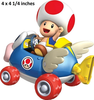 Toy figure of Toad from Mario Kart series in a blue kart with red and white shell.