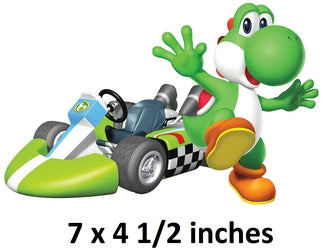 Green character in a racing kart with dimensions displayed