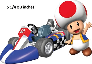 Cartoon character in a racing kart with a red and white mushroom hat, standing next to it.