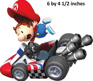Cartoon character in a racing kart with text indicating size
