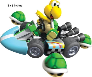 Cartoon character in a racing kart with a 6x5 inches label