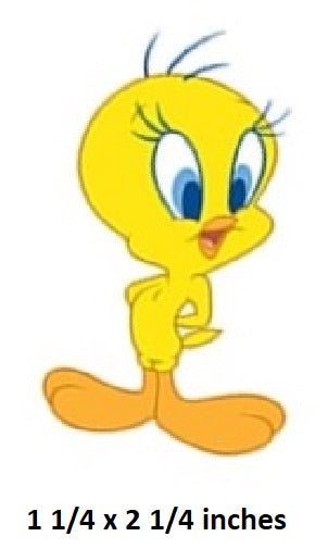 Cartoon character with text indicating size
