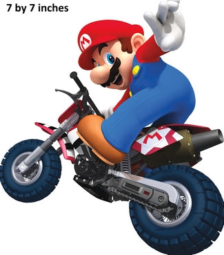 Character riding a motorcycle with text indicating size '7 by 7 inches'.
