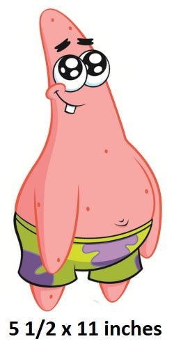 Cartoon character in green and purple shorts with text indicating size patrick star starfish