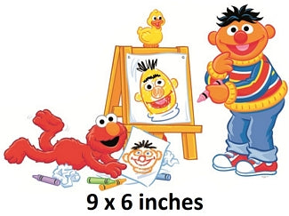 Cartoon characters from Sesame Street with a painting setup on a white background.