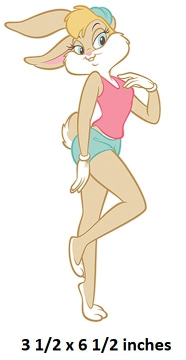 Cartoon character in a swimsuit with dimensions displayed