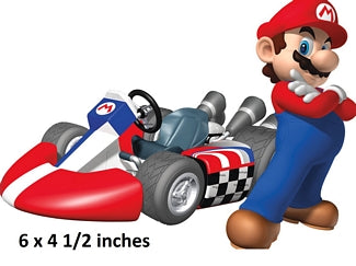 Cartoon character in a racing kart with text indicating size