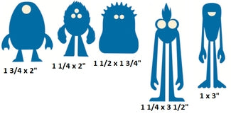 Set of five blue cartoon-like figures with varying sizes and measurements.