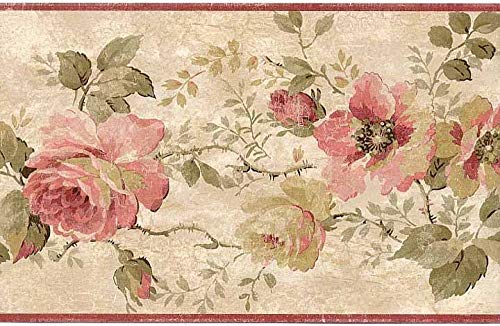 Village Wall Border 5807470 Traditional Distressed Rose Wallpaper Floral Muted Red/Green on Neutral Worn Faded Aged Effect Home Decor
