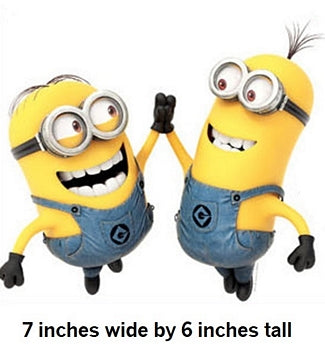 Two animated characters in blue overalls with text indicating size.