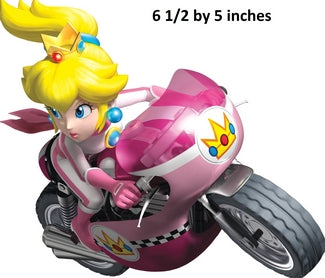 Toy figure of a character on a pink motorcycle with text indicating size.