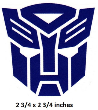 Blue Autobot logo with dimensions 2 3/4 x 2 3/4 inches on a white background