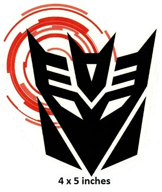 Black and white Decepticon symbol with red circular design on a white background