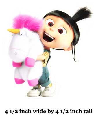 Animated character holding a unicorn toy with text indicating size.