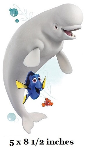 Cartoon beluga whale with Dory and Nemo from 'Finding Nemo' on a white background