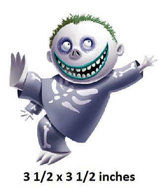 Cartoon character with skeleton design and text indicating size on a white background